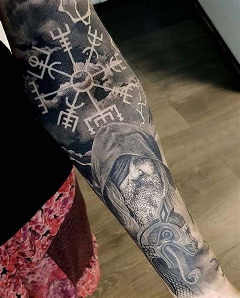 Artist IG @inkbyoskar #odin #odintattoo #vikings #norse #drakkar #vegvisir #sleeve #norsetattoo ...