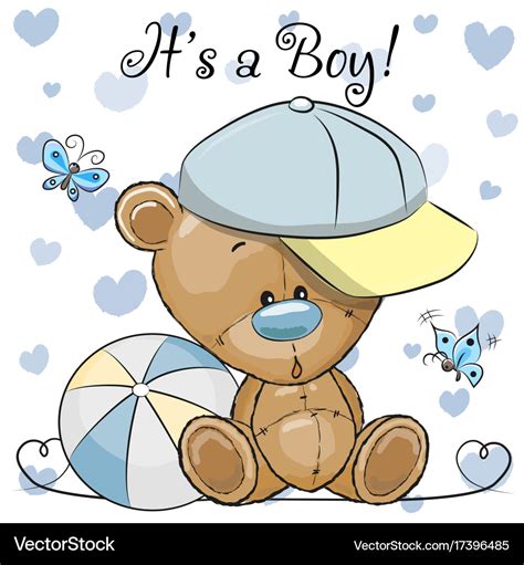 Baby shower greeting card with cute teddy bear boy