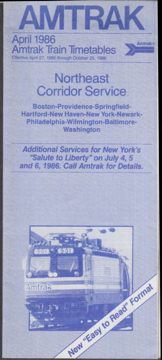 Amtrak Railroad Timetable 4 1986 Northeast Corridor Service Boston ...