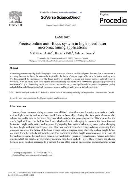 (PDF) Precise Online Auto-focus System in High Speed Laser Micromachining Applications