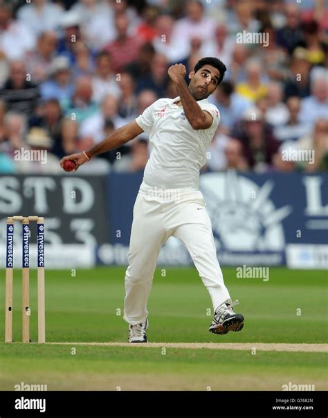 India's Bhuvneshwar Kumar in bowling action against England during day ...