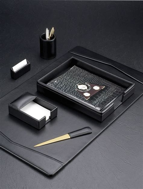 Black Leather Desk Blotter 6 Piece Set