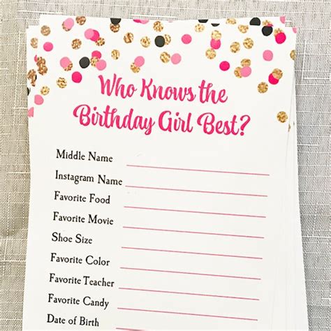 Who Knows Birthday Girl Best Party Game Printed ANY Wording - Etsy