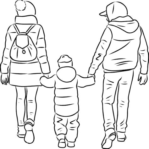 Premium Vector | Vector drawing of young parents with their child walking on a stroll