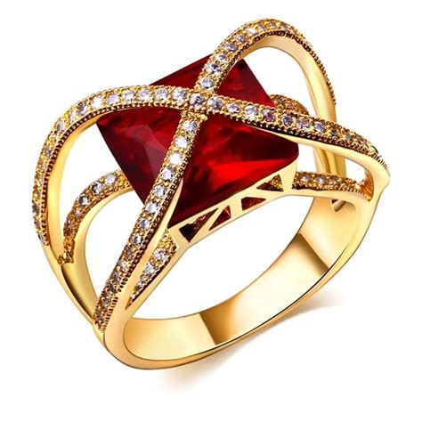 18k Gold filled jewelry Red Green stone rings Women finger ring Vintage ...