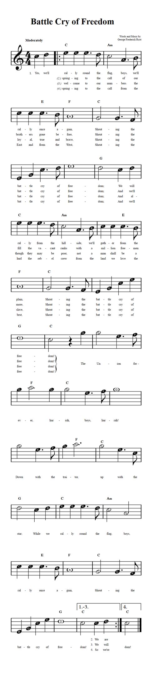 Battle Cry of Freedom: Beginner Sheet Music with Chords and Lyrics