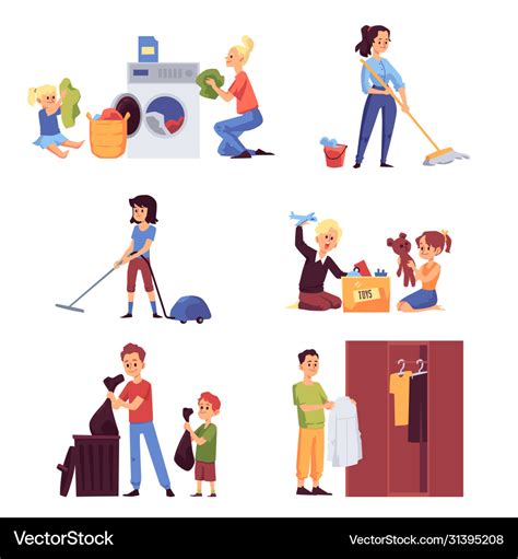 Family engaged in chores and house cleaning flat Vector Image