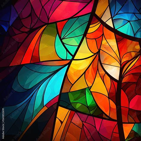 a colorful stained glass window with a leaf design on it's side and a black background with a ...