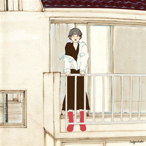 a drawing of a woman standing on a balcony
