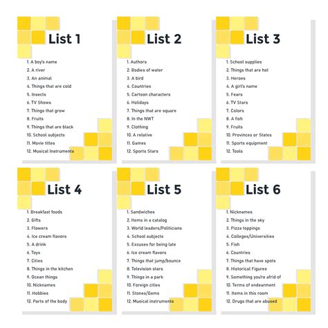 Scattergories Lists Printable - Portal Tutorials