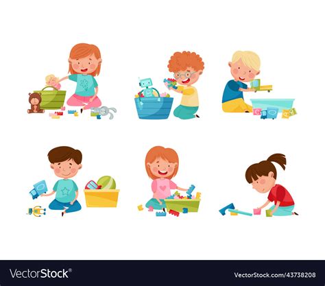 Cute little boys and girls cleaning up his toys Vector Image