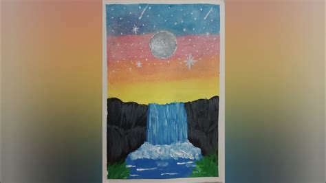 How to draw Waterfall scenery painting ||Moonlight night painting ...