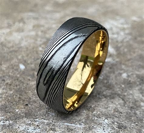 Damascus steel Rings 14k gold Dome style Wedding engagement ring