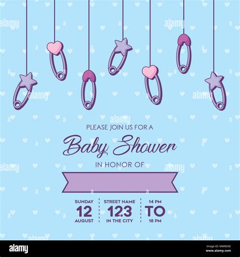 baby shower invitation template with decorative baby pins hanging over blue background, colorful ...