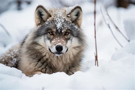 Premium AI Image | a wolf laying in the snow with a bush in the background