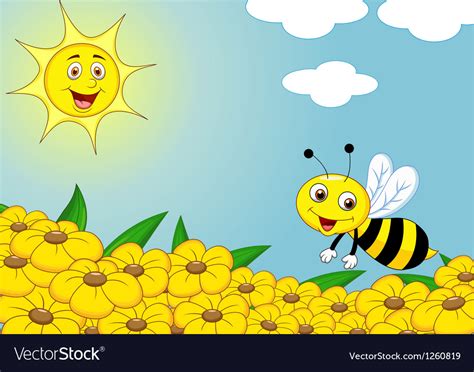 Happy bee cartoon on the flower field Royalty Free Vector