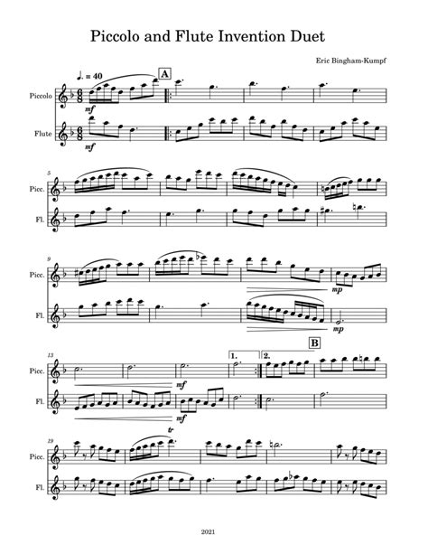 Piccolo and Flute Invention Duet Sheet Music | Eric Bingham-Kumpf ...