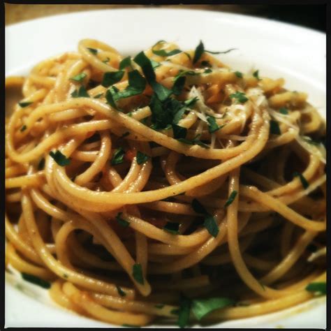 Spaghetti putanesca. A little goes a LONG way! It's VERY flavorful, incorporating black olives ...