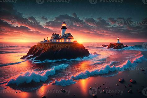 Beautiful lighthouse adorned nighttime seascape with a gloomy sky at sunset by 24084002 Stock ...