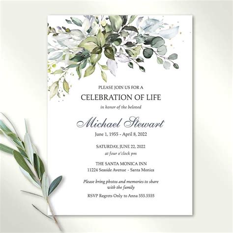 Funeral Invitation For Man Template with Greenery and Pale Blue. Template for home printing for ...