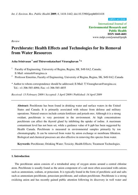 (PDF) Perchlorate: Health Effects and Technologies for Its Removal from Water Resources