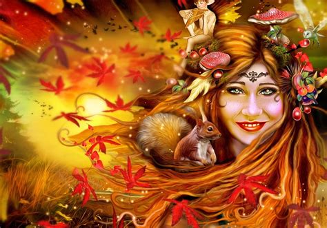 Autumn fairy, red, art, autumn, squirrel, orange, wind, smile, woman ...