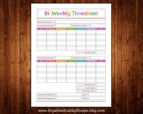 Bi Weekly Timesheet Page Instant Download Pdf Printable Etsy ...