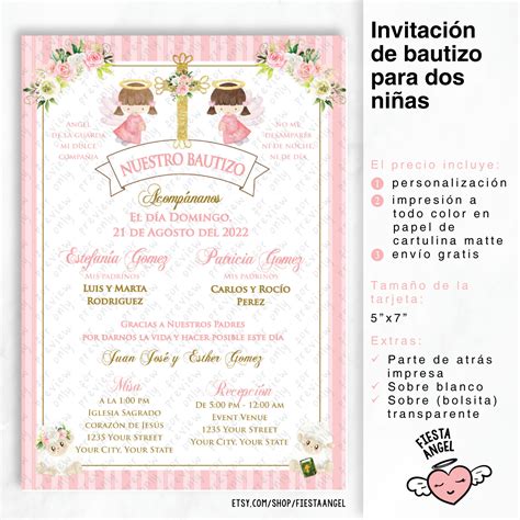 Invitación De Bautizo Para Dos Niñas Pink rosita - Etsy