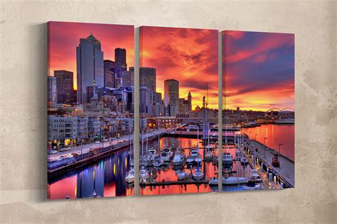 Seattle Skyline at Dawn Leather Print/Seattle Canvas Print/Large Wall Art/Large Wall Decor ...