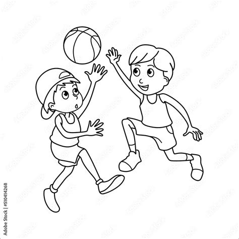 Black and white contoured cartoon kids playing ball. Basketball, volleyball. Children's coloring ...