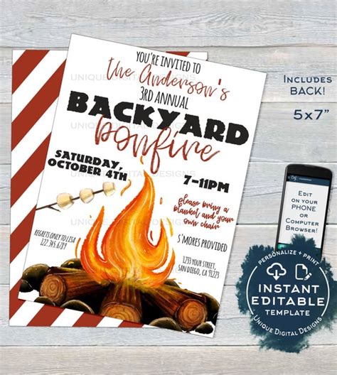 Bonfire Invitation Editable Bonfire Party Invitation | Etsy