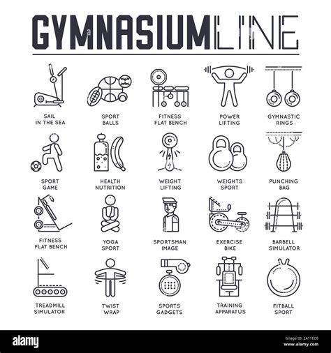 Set of gymnasium thin line icons, logos isolated on white background. Fitness, yoga and sport ...