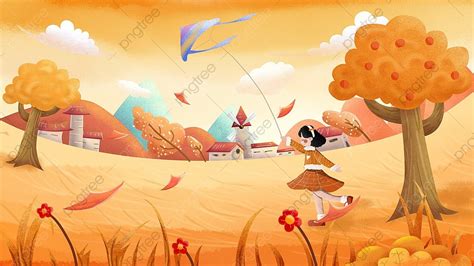 September Autumn Equinox Grassland Golden Tree Field Cartoon Background Material, Background ...