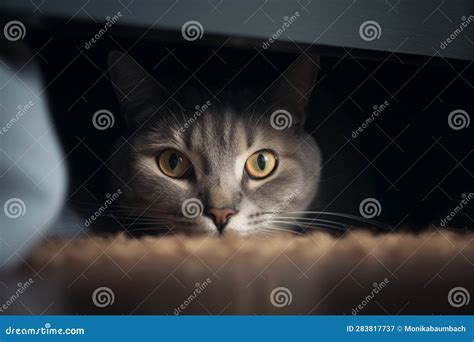 Scared Cat Hiding Under Bed. Stock Illustration - Illustration of ...