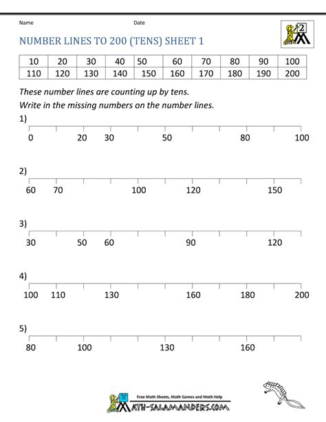 Free Number Line Worksheets - Counting by tens