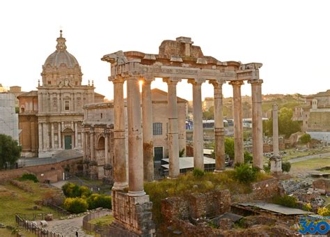 Temple of Saturn, facing Curia, Arch of Septimius Severus and the facade of Santi Luca e Martina ...