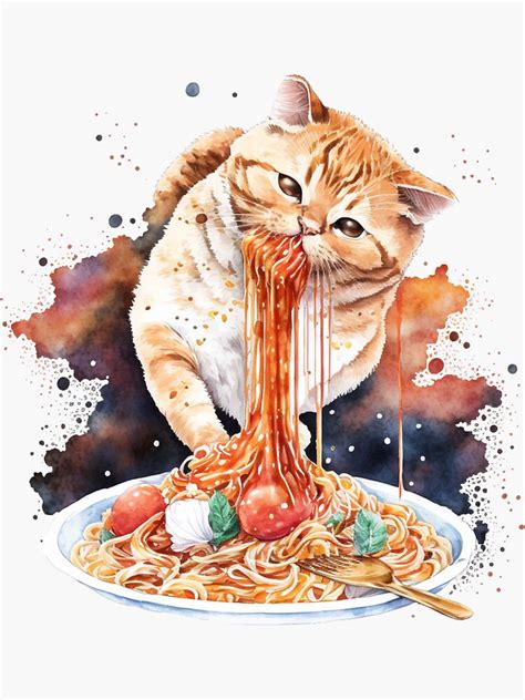 "Beautiful Cat Eating Spaghetti Meme Cute Cat Watercolor" Sticker for ...