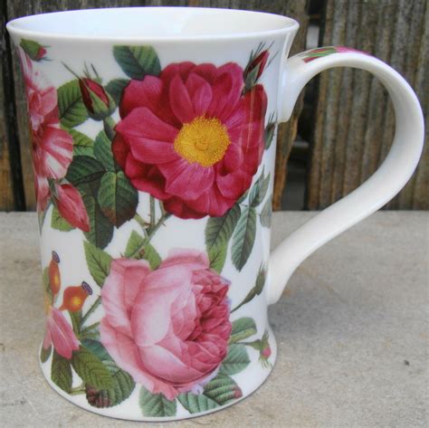 Dunoon Fine Bone China Tea Mug Hampton Flowers Redoute Cup England - Mugs, Cups