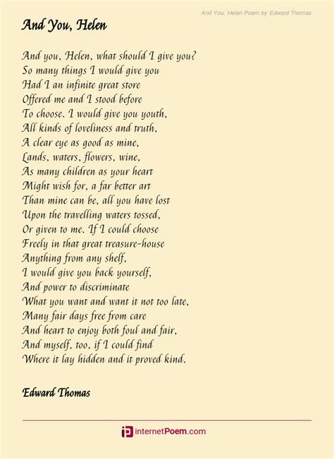 And You, Helen Poem by Edward Thomas