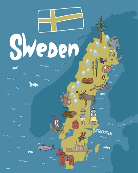 Hand drawn illustration of Sweden map with tourist attractions. Travel ...