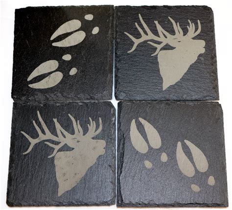 Laser Engraved Slate Drink Coaster Set of 4, Custom Bull Elk & Elk Tracks Square Beer Coaster ...