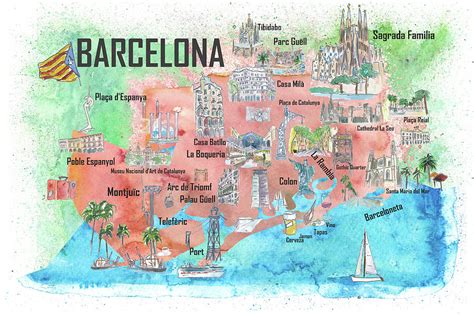 Barcelona Catalonia Spain Illustrated Travel Poster Favorite Map ...