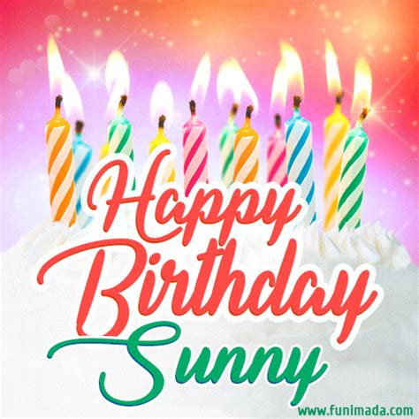 Happy Birthday GIF for Sunny with Birthday Cake and Lit Candles | Funimada.com