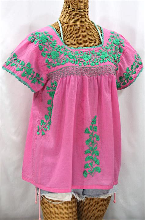 "La Marina Corta" Embroidered Mexican Peasant Blouse - Pink + Mint