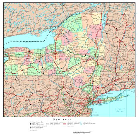 Large detailed administrative map of New York state with roads ...