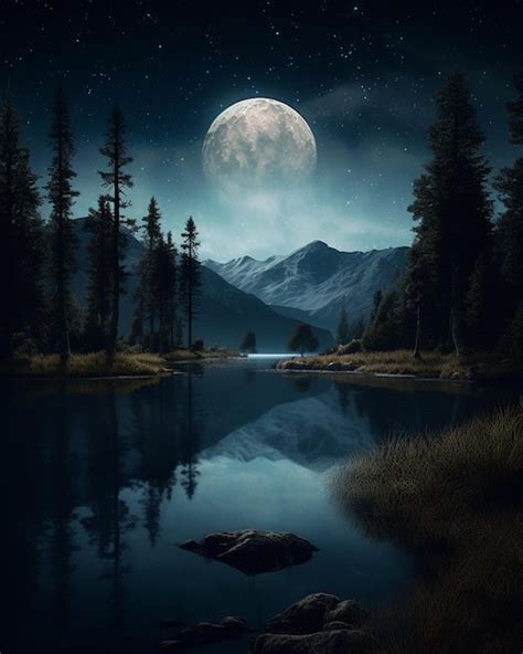 Premium AI Image | A full moon over a lake with mountains in the background