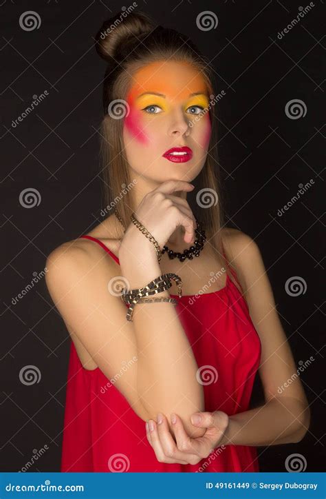 Girl in a Red Dress with Bright Creative Make-up Stock Image - Image of fantasy, women: 49161449