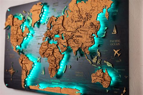 Levitating Wooden World Cork Map Wall Art 3D Backlight World Map – OnlyCraftUA