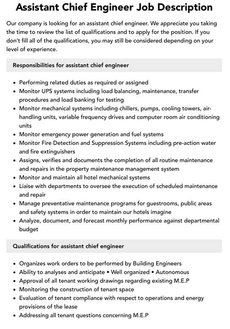 Assistant Chief Engineer Job Description | Velvet Jobs