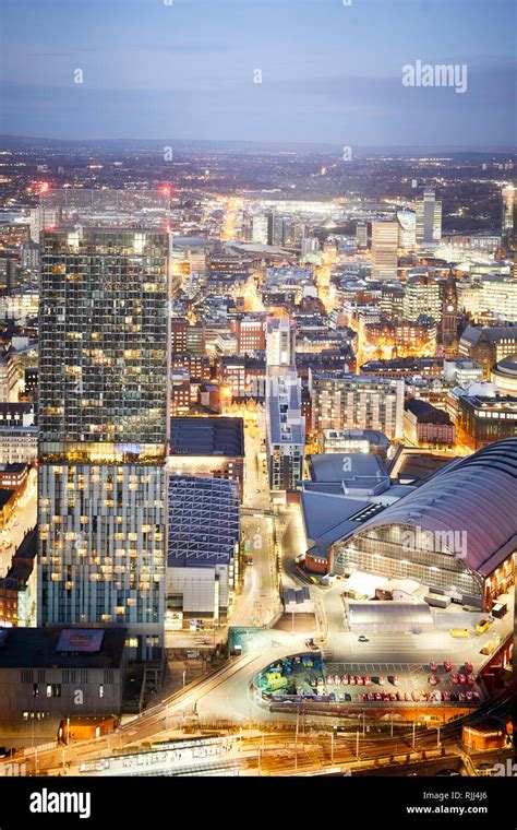 View from the South tower of Deansgate Square looking down at Manchester City Centres skyline ...